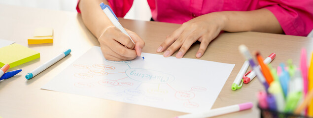 Professional businesswoman drawing business mind map. Creative female startup leader drafts marketing plans using pens and sticky notes to brainstorms idea. Closeup. Focus on hand. Variegated.