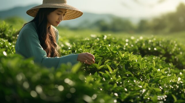 young asian woman in traditional cloth picking fresh tea leave in the morning in her hill side tea farming and plantation business