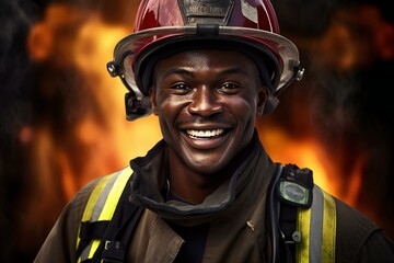 Portrait of a smiling firefighter standing in front of a burning fire - Powered by Adobe