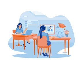 Two women sitting in front of a computer. Managers provide instructions to assistants for education and training. Woman with phone calling to customer support service concept. Flat vector illustration