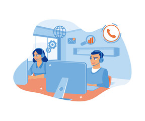 Call center worker using headset in modern office. Receive calls from clients in front of the computer. Woman with phone calling to customer support service concept. Flat vector illustration.
