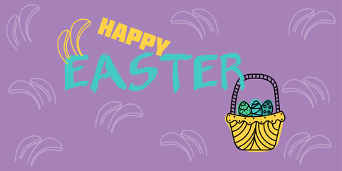 Happy Easter сolorful postcard - banner. Yellow basket with easter eggs with congratulations inscription, bunny ears decor on violet background. Editable stroke. Pencil hand drawn vector illustration	