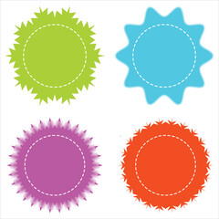 Set of vector starburst sunburst badges. Vintage labels. Starburst sale sticker. Colored stickers. Sunburst price tags. Simple Flat Style Vintage Labels. colourful icons on white background. 