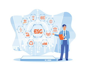 Businessman accessing ESG concepts on virtual screen. The ESG Environment social governance investment business concept is on screen. Sustainable economic growth with renewable energy and natural.