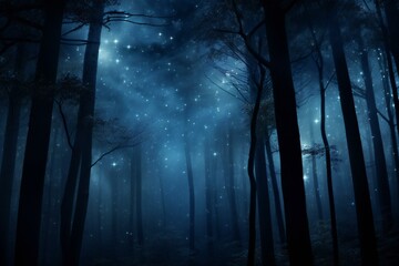 Mysterious dark forest at night with fog, lights and trees