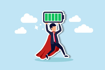 Full battery recharge, full energy to work or refresh from exhaustion, burnout recover, fuel employee or productive and efficient concept, energetic businessman superhero carry full recharge battery.