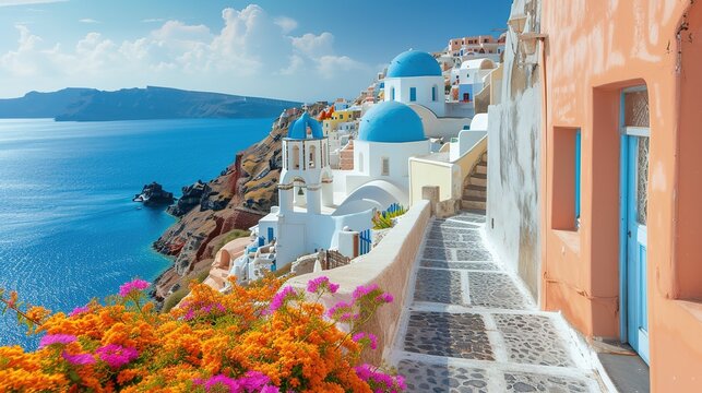Fototapeta Santorini, Greece. Picturesq view of traditional cycladic Santorini houses on small street with flowers in foreground. Location Oia village, Santorini, Greece