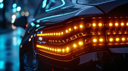 Extreme closeup of the LED turn signals on a car blinking in a rhythmic pattern and adding a touch of sophistication to the vehicles design.