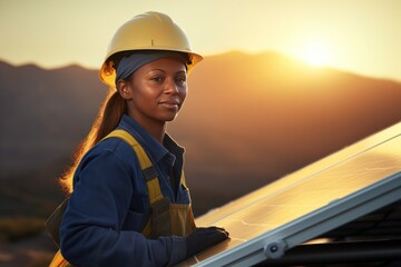 Female worker with hard work outdoors, woman with solar panels,  - obrazy, fototapety, plakaty