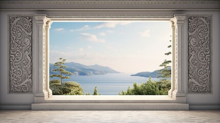 The palace's windows with classical ornaments overlook the sea and mountains.