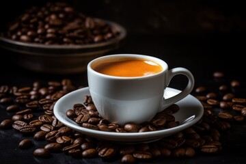 Fresh tasty espresso cup of hot coffee with coffee beans on dark background 