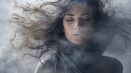 Close up woman in gray dress, dust explosion background with copy space