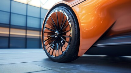 Closeup of an electric cars wheels featuring a unique aerodynamic design that helps to improve efficiency and reduce noise.
