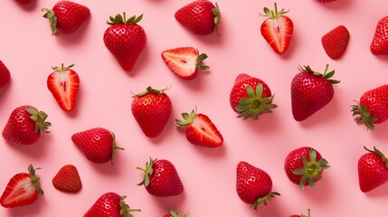 Fresh ripe strawberries on pink color background