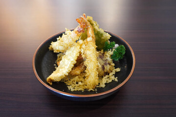 Tempura, mixed prawns, fish and vegetables tempura, Japanese food, selective focus