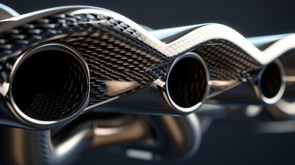 Closeup of the intricate design and curves of a highperformance exhaust system emphasizing its...