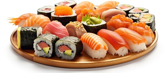 Party tray with sashimi, sushi and maki rolls, shallow focus - obrazy, fototapety, plakaty