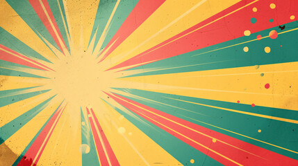 Retro Sunburst Design with Grunge Texture and Paint Splatters on Aged Paper Background