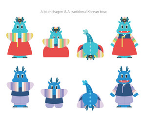 Happy new year. Male and female blue dragons wearing traditional Korean costumes are performing a traditional Korean bow. flat vector illustration.