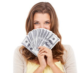 Portrait, wealth and studio woman with money, dollars or bills for financial freedom, savings budget or income revenue. Success, prize achievement and face of rich cash winner on white background