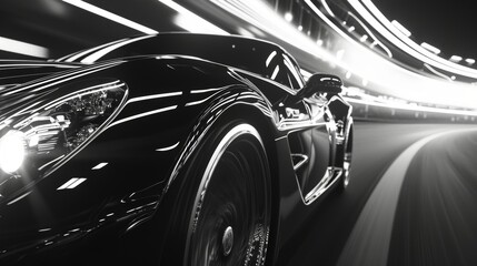 A closeup of a black and white headlight in motion showcasing the dynamic form and elegant curves...