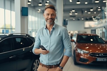 man customer male buyer client wear shirt , buy new automobile in showroom 
