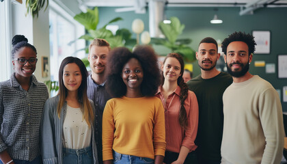 Group of diverse people standing in an office looking happy