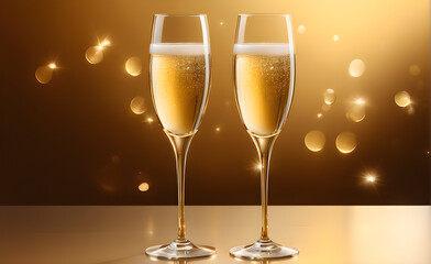Two champagne glasses on a simple gold background, Valentine's Day, Christmas. Generative AI