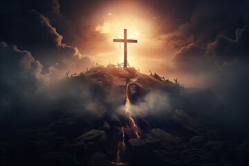 Jesus Christ crucified on the cross on the rock. 3d render - obrazy, fototapety, plakaty