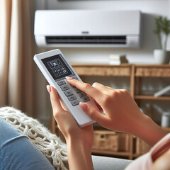 Close-up of woman using remote control while sitting on sofa at home