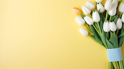 Bouquet of white tulips with a vase on yellow background,  Bouquet of fresh colorful tulip flowers isolated on yellow with copy space ideal for projects ,AI generated