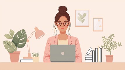 Woman with glasses working on laptop, surrounded by houseplants and books