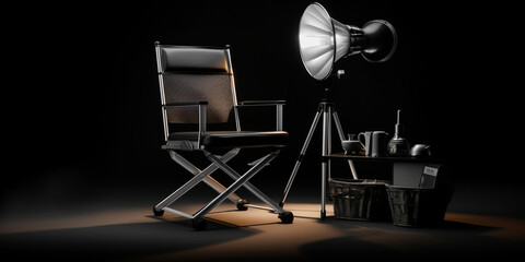 Cinema industry concept. director chair, movie clapper and spotlights on a black background. Cinematic Elements