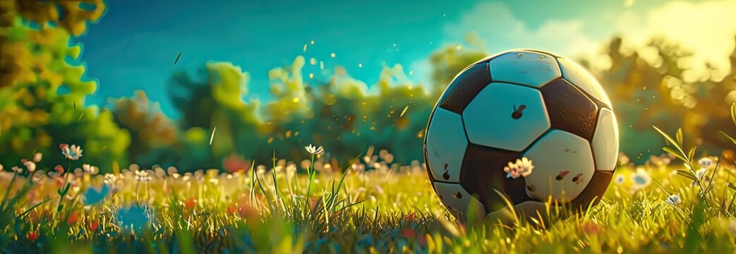 A photorealistic illustration with a soccer ball on a sunny lawn. Copy space on the left. Close-up. Generated by AI.
