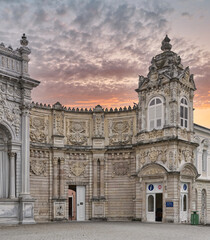 Side tower at the grand entrance to the 19th century Ottoman Dolmabahce Palace in Istanbul, Turkey....