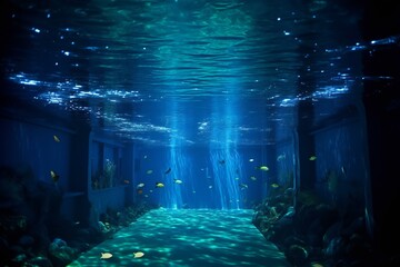 Underwater view of aquarium with fishes and corals