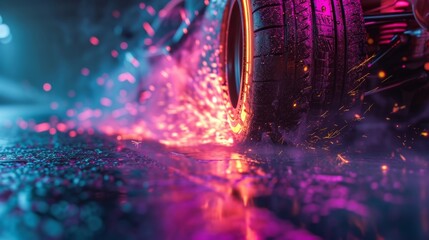The camera zooms in on a pair of tire treads the friction between rubber and pavement creating a shower of neon sparks as the car burns rubber and accelerates towards the