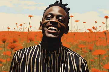Gordijnen Portrait of a happy african american man in a poppy field © Neon