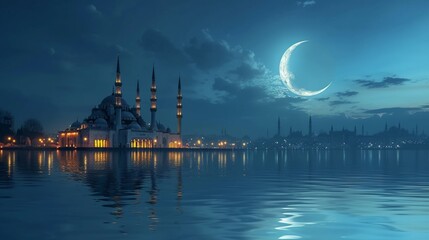 A radiant crescent moon illuminating a peaceful mosque at dusk
