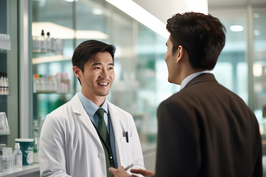 Pharmaceutical Sales Representative Talking With Doctor In Medical Building. 