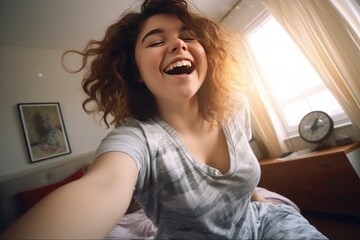 a chubby 20-year-old teenage girl recording a video of happy dancing 