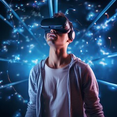 Portrait of a young man wearing virtual reality glasses