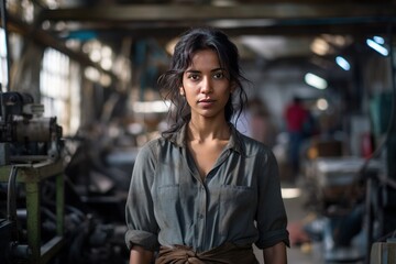 Fototapeta premium Portrait of an Indian female engineer standing in a factory, 