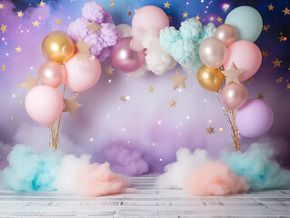 Celestial Delight: high-resolution PNG, Balloons, Stars, and Rainbow Cake Smash Backdrops for Magical Baby Birthday Photography