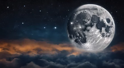 Wall murals Full moon and trees moon in the night with stars and cloud, moon view at the night, beautiful moon with stars