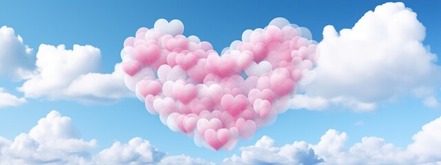 Pink cloud as heart shapes with blue sky. Fantasy heart of cloud for romantic day, valentine day and marriage celebration concept background. Generative AI