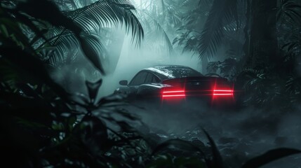 A glimpse of the cars red tail lights through the smoke as it continues its journey through the jungle.