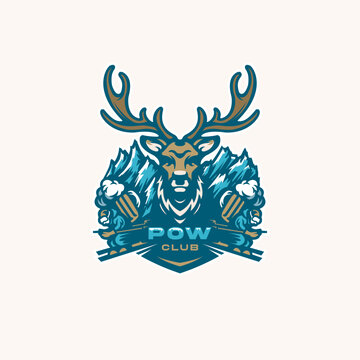 Cool ice ski with deer and mountain landscape bold logo design vector illustration
