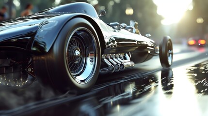 The camera zooms in on the sleek shiny body of a vintage dragster as it revs its engine in...
