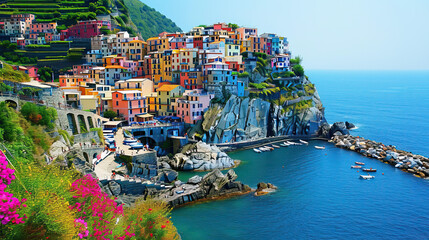 Cityscape by the Mediterranean Sea with a picturesque coastline, charming town, and vibrant harbor